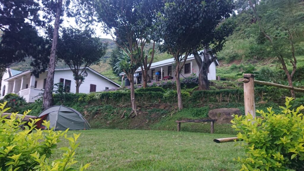 A tent pitched on the lawn beside the lodge buildings at the Uluguru Mountains campsite